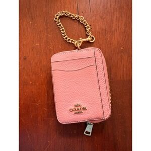 Coach Pink Pebbled Leather Zip Card Case Wallet Gold Chain 6303